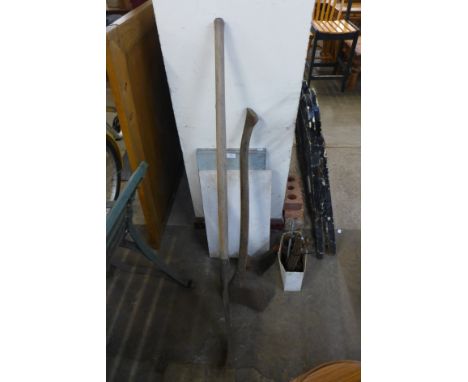 Assorted vintage garden tools, other tools and three pieces of Langdale slate 