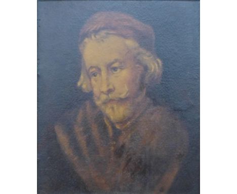 Manner of Rembrandt, portrait of a man, oil on board, 29 x 24cms, framed 