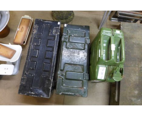 Two steel ammunition boxes and a Jerry can 