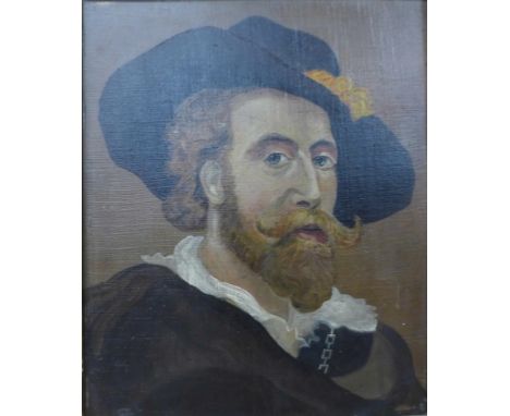 Manner of Rubens, portrait of a cavalier, oil on board, 30 x 24cms, unsigned, framed