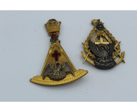 Two bi-metal Masonic jewels, one with enamel decoration, each with nesting swan device 9cm (largest)