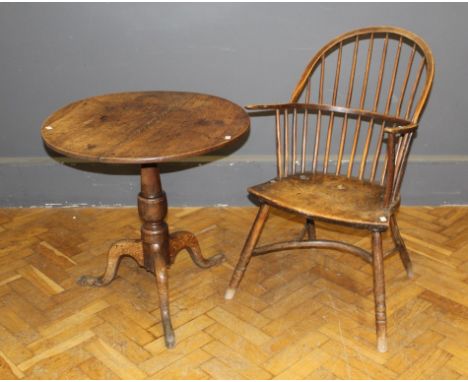 A 19th century beech and elm Windsor armchair, together with an oak snap top tripod table, 71cm diameter