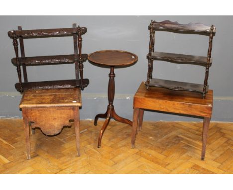 An Edwardian oak three tier wall shelf, 60cm wide, another later shelf, a satinwood banded wine table, a box commode and a ma