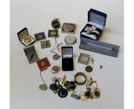 A mixed parcel of costume and other paste set jewellery, compacts, Armani, Rotary and Accurist wristwatches and a 9ct gold fo