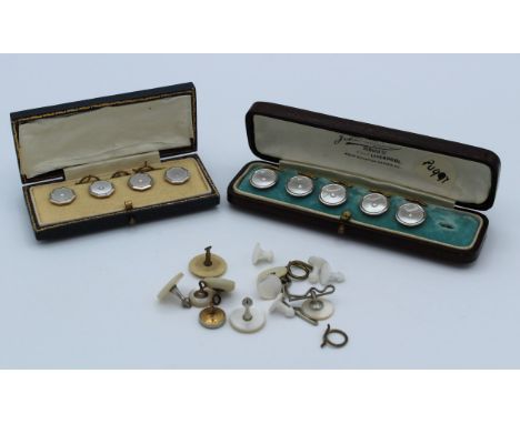 A cased set of four 18ct gold and mother of pearl collar studs, a cased part set of five 9ct gold studs and various other loo