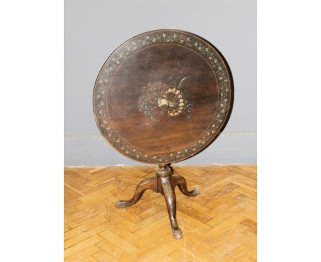 A George III mahogany tripod table, the circular snap top painted with floral garlands and trophies, on gunbarrel column, sim