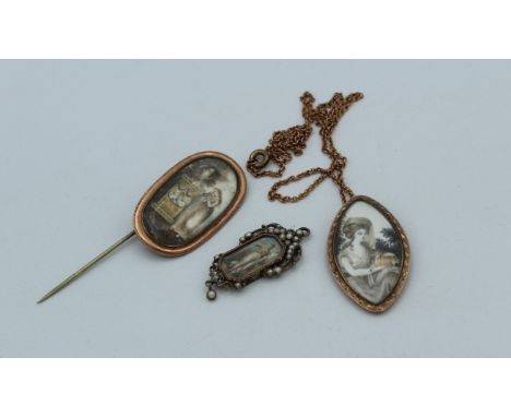 A collection of painted Georgian jewellery. Comprising a Georgian sepia Navette pendant in rose yellow metal, along with a se