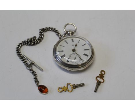 A Victorian silver cased key wind pocket watch, with verge movement and 5cm enamel Roman dial, Chester 1876. Suspended from a