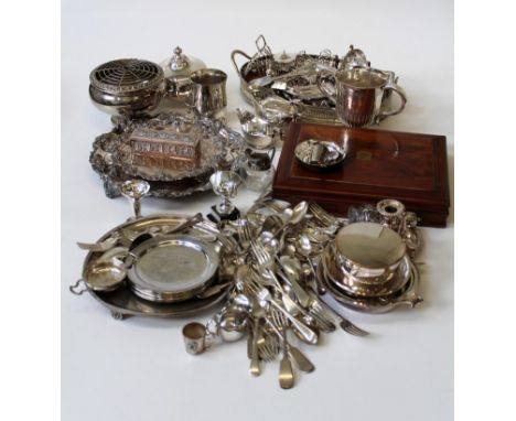 A good quantity of Victorian and later silver plate, including gallery and other trays, tankards, pedestal loving cup, toast 