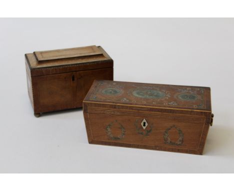 A Victorian mahogany, rosewood crossbanded tea caddy with painted swags and floral reserves, 30cm wide (vacant interior) toge