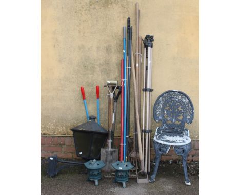 A Victorian style exterior wall light and bracket, together with a small quantity of garden tools, a contemporary fitted tool