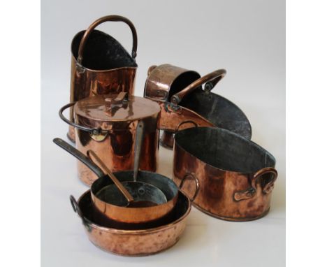 A good, small collection of 19th century copper wares, including lidded pan with steel swing handle, 30 x 32cm (handle down),