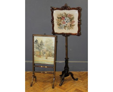 A Victorian rosewood pole screen with gros point tapestry panel on tripod base, 154cm together with an early 19th firescreen 