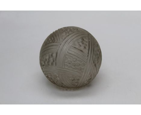 A circa 1930's Lalique style frosted glass ceiling light shade of spherical form, moulded with panels of berries and reeded b