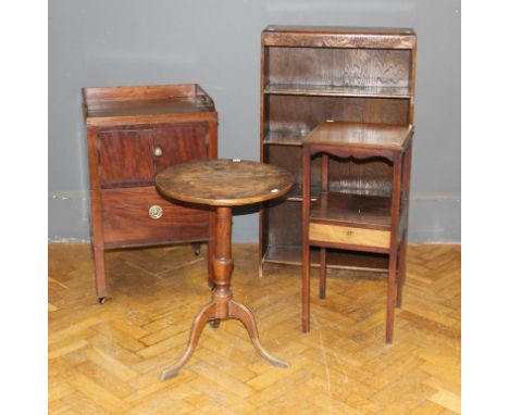 A 19th century mahogany tray top night commode, 80 x 50 x 45cm, an Edwardian night stand, an elm top tripod table and an oak 