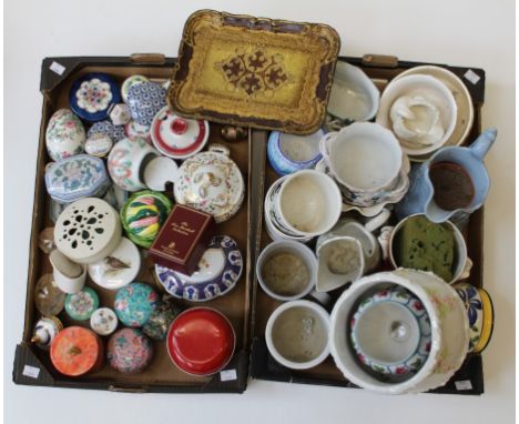 two boxes of decorative and useful ceramics including jardini&egrave;res, enamel and other boxes, tourist pieces and similar 