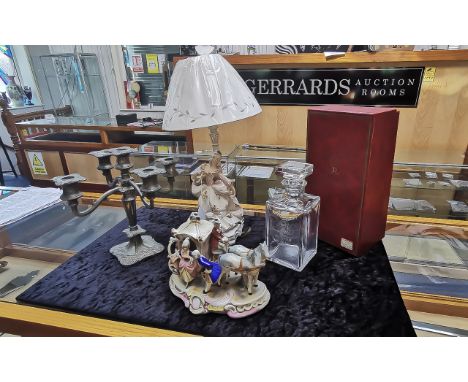Italian Porcelain Lamp Base, in the form of a lady in crinoline dress, base measures approx. 12", fitted with a new shade, to