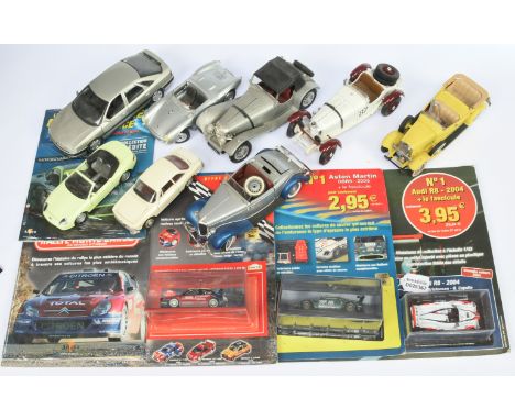 A mixed group of loose models including Maisto Porsche 550 A Spyder, Solido Renault Safrane, plus others, plus 3 x unopened m