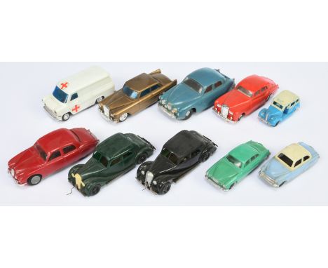 A group of plastic British model vehicles including Jaguar, Rolls Royce, plus others, unboxed. Condition Fair (some attention