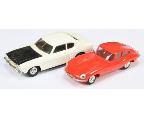 A pair of plastic model cars (1) Japanese manufactured Ford Capri, (2) Lucky - Hong Kong manufactured 'E' Type Jaguar, unboxe