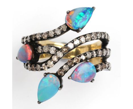 Silver and yellow gold 750, 5.7 g. Decorative, beautifully ring, set with numerous diamonds, decorated with 4 opal drops - do