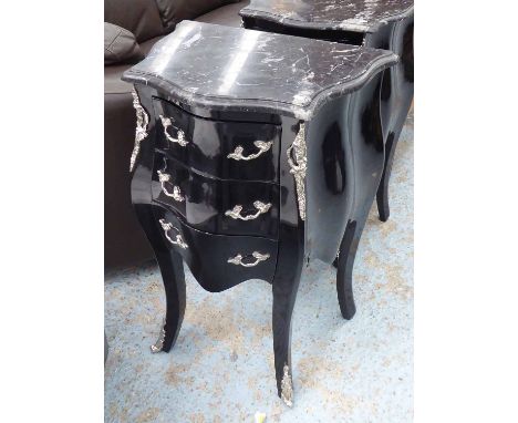 SIDE COMMODE, in black with three drawers below a marble top, 49cm x 34cm x 73cm H.