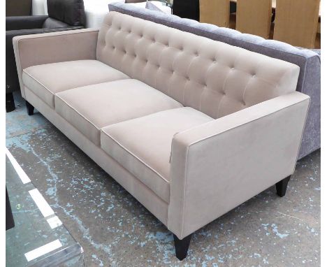 SOFA, three seater, in button back beige velvet on square supports, 193cm L.