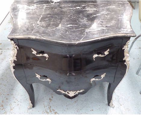 COMMODE, with marble top and two drawers below in black with silver effect mounts, 101cm x 53cm x 84cm H.