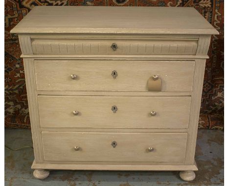 COMMODE, 19th century Gustavian grey painted with shaped frieze drawer above three long drawers and fluted pilasters, 100cm x