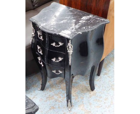 SIDE COMMODE, in black with three drawers below a marble top, 49cm x 34cm x 73cm H.