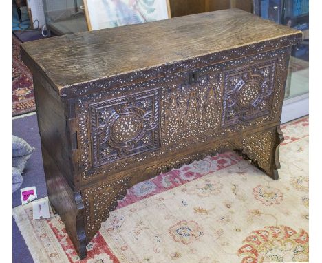 COFFER, 19th century, Damascus walnut and mother of pearl inlaid, with hinged top, 74cm H x 106cm x 43cm. (with faults) 