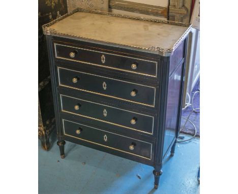 DIRECTOIRE COMMODE, late 18th century French ebonised of small proportions with gilt metal galleried marble top above four lo