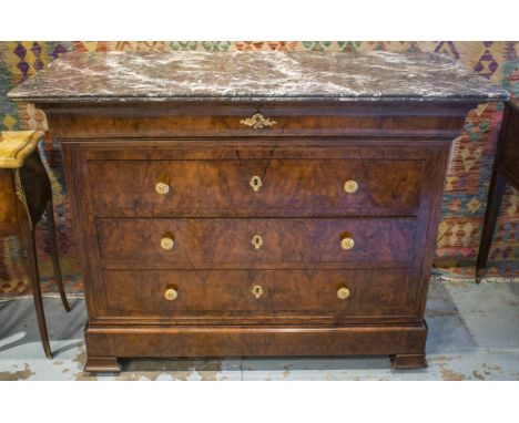 COMMODE, 19th century French, Louis Philippe, figured walnut with four long drawers and marble top, 128cm 55cm x 90cm H. 
