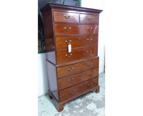 CHEST ON CHEST, George III, mahogany, with dentil cornice, with two short over six graduated drawers in two parts, on bracket