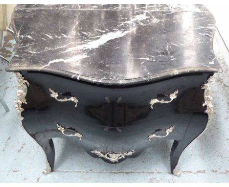 COMMODE, with marble top and two drawers below in black with silver effect mounts, 101cm x 53cm x 84cm H.