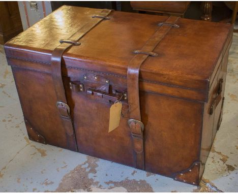 LEATHER TRUNK, vintage stitched leaf brown leather with rising lid, straps and carrying handles, 93cm x 53cm x 56cm H.
