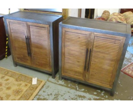 SIDE CABINETS, a pair, zinc and wooden, each with two louvre doors enclosing a shelf, 80cm W x 91cm H x 38cm D. (2)