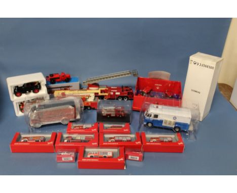 TWENTY EMERGENCY SERVICE VEHICLES, to include Volvo Fire Truck 1928 1:43 scale, Corgi Tronic TL Fire Engine, Matchbox Superki