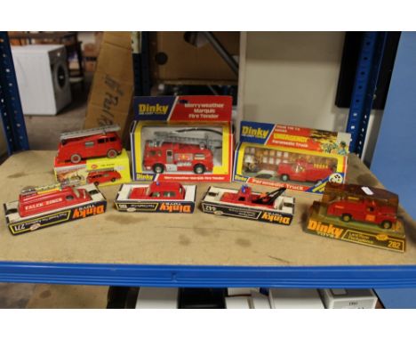 BOXED DINKY MERRYWEATHER MARQUIS FIRE TENDER, boxed Dinky paramedic truck, boxed Dinky fire engine, 955, boxed Dinky Land Rov