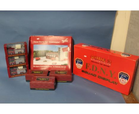 SIX BOXED 1:50 SCALE FIRE ENGINE MODELS, boxed Herpa Fire Brigade starter set together with a boxed Code 3 Collectibles FDNY 