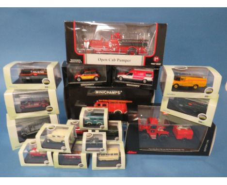 A BOXED MINICHAMP 1:43 SCALE MAGIRUS DEUTZ MERKER FIRE ENGINE, two smaller boxed Minichamp Emergency Service vehicles, boxed 