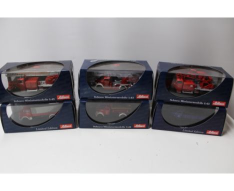 SIX BOXED SCHUCO 1:43 SCALE FIRE ENGINES, 03101, 03071, 03263, 03091, 03053, 03073