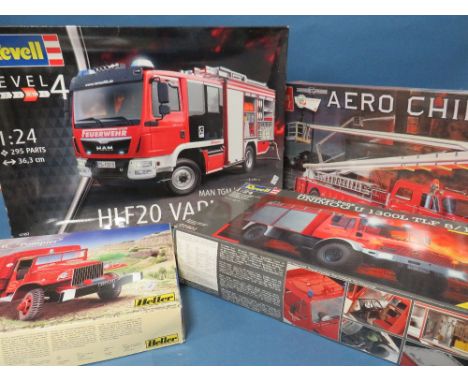 FOUR FIRE ENGINE MODEL KITS, Revell Man TGM Schlingmann HFL 20 Varus 4 x 4, 1:24 scale, Revell Mercedes Benz Unimog U1300L 1: