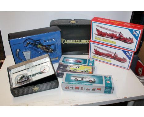 TWO BOXED CORGI AERIAL LADDER TRUCKS, 97320, Corgi Sikorsky Sea Kings helicopter, US33409, New York Police Bell 47 Helicopter