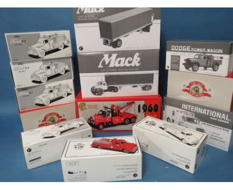 THIRTEEN BOXED FIRST GEAR VEHICLES, to include 1960 Mack Chicago Fire Department tow truck 1:25 scale, 1960 Mack B Model trac