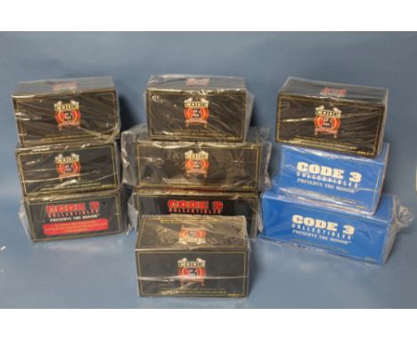 TEN BOXED CODE 3 COLLECTIBLES LIMITED EDITION 1:64 SCALE FIRE ENGINES / POLICE VEHICLES, to include Allentown Rear Mount Ladd