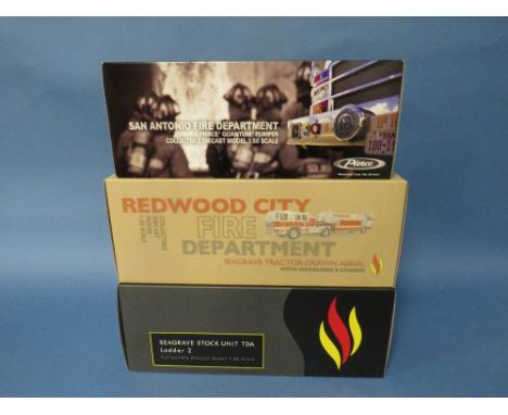 TWO BOXED SEAGRAVE FIRE APPARATUS VEHICLES, both 1:50 scale, Tractor Drawn Aerial and Ladder 2 together with a Pierce Quantum