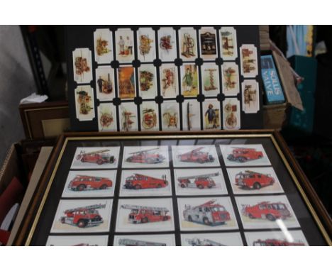A QUANTITY OF FIRE RELATED PLAYERS CIGARETTE CARDS, two framed frameability fire engine card sets, fire engine picture, coppe