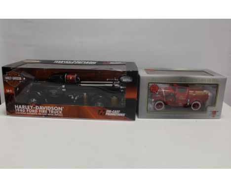 A HARLEY DAVIDSON 1940 FORD MODEL FIRE TRUCK, 1:16 scale, together with a 1:18 scale wooden motor city fire engine (2)