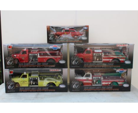 HIGHWAY 61 COLLECTIBLES - FOUR BOXED HEAVY DUTY FIRE TRUCKS, 1:16 die cast models, together with a 1957 Chevy 150 utility Sed